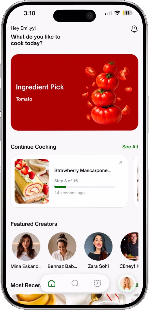 Advieh home screen with continue cooking cards