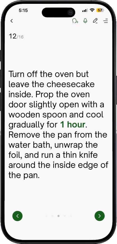 Advieh cook mode step screen with hands-free controls