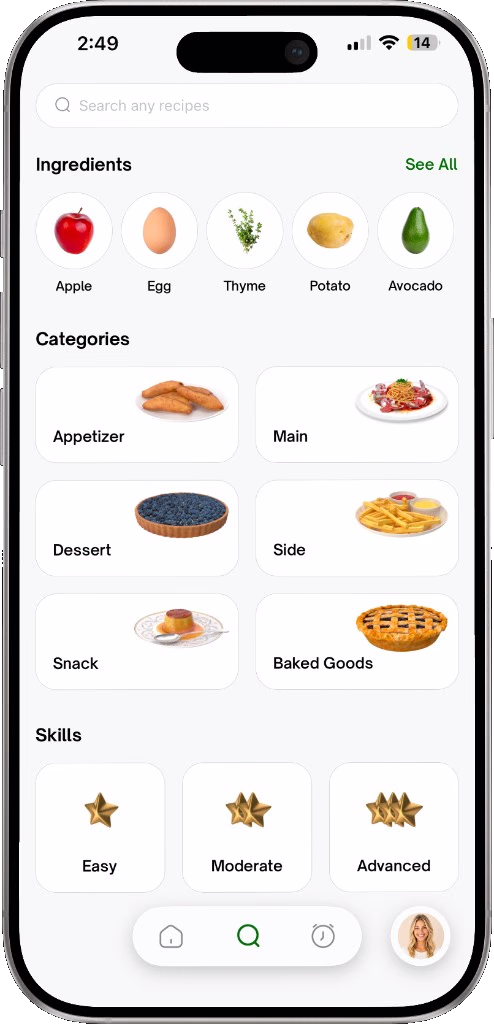Advieh search screen showing ingredients, categories, and skill filters